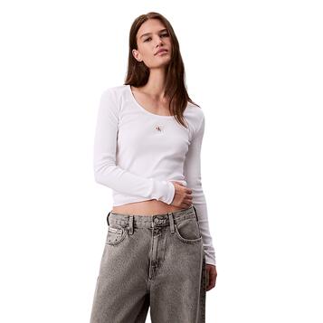 Γυναικείο Τ-Shirt Calvin Klein Jeans Ls Woven Label 2X2 Rib Scoop Nec Brilliant White LV047D218G-YAA