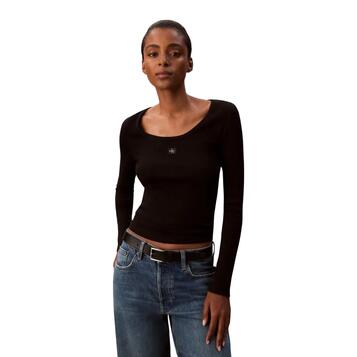 Γυναικεία Μπλούζα Calvin Klein Jeans Ls Woven Label 2X2 Rib Scoop Nec Black LV047D218G-UB1