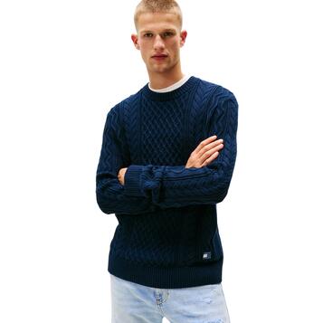 Ανδρικό Πουλόβερ Tommy Jeans Tjm Slm Badge Cable Knit Sweater Dark Night Navy Tonal DM0DM22101-0GY