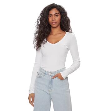 Γυναικείο T-Shirt Tommy Jeans Tjw Slim Essential Rib V Ls Ancient White DW0DW17990-YBH Γυναικείο T-Shirt Tommy Jeans Tjw Slim Essential Rib V Ls Ancient White DW0DW17990-YBH