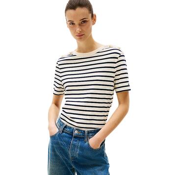 Γυναικείο T-shirt Tommy Hilfiger Reg Stripe Gold Btn C Nk Ss Calico Dark Night Navy Stp WW0WW42907-0FC