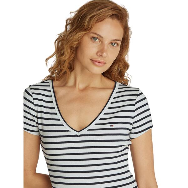 Γυναικείο T-shirt Tommy Jeans Slim Essential Rib V Ss Ecru Navy Stripe DW0DW17385-0FC