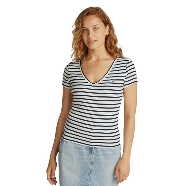 Γυναικείο T-shirt Tommy Jeans Slim Essential Rib V Ss Ecru Navy Stripe DW0DW17385-0FC