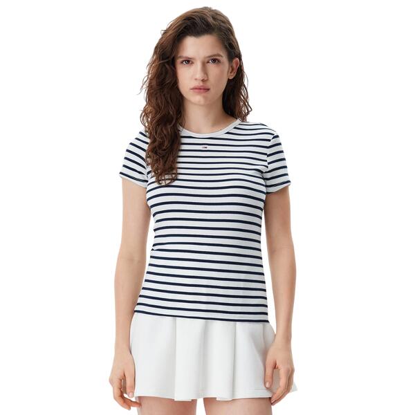 Γυναικείo T-shirt Tommy Jeans Slim Essential Rib Ss Ext Ecru Navy Stripe DW0DW17383-OFC