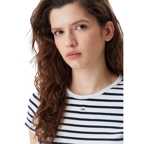 Γυναικείo T-shirt Tommy Jeans Slim Essential Rib Ss Ext Ecru Navy Stripe DW0DW17383-OFC