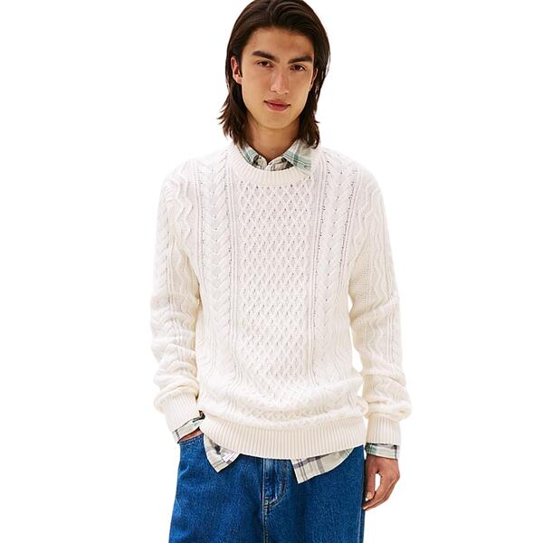 Ανδρικό Πουλόβερ Tommy Jeans Tjm Slm Badge Cable Knit Sweater Ancient White Tonal DM0DM22101-0K4