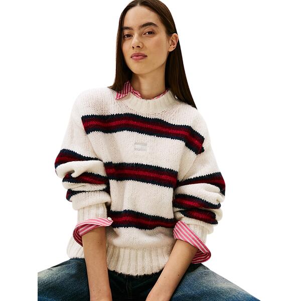Γυναικείο Πουλόβερ Τommy Jeans Tjw Badge Stripe Fluffy Sweater Ancient White / Stripe DW0DW21679-YBH