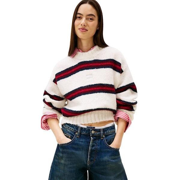 Γυναικείο Πουλόβερ Τommy Jeans Tjw Badge Stripe Fluffy Sweater Ancient White / Stripe DW0DW21679-YBH