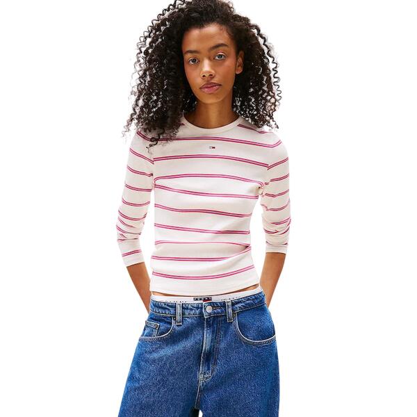 Γυναικεία Μπλούζα Τommy Jeans Tjw Slim Essential Rib Ls Ancient White / Cerise Stripe DW0DW17387-0FB