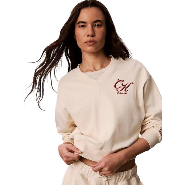 Γυναικείο Φούτερ Calvin Klein Ls Premium Fleece Script Vneck P Turtledove LV047H815G-CKS