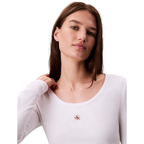 Γυναικείο Τ-Shirt Calvin Klein Jeans Ls Woven Label 2X2 Rib Scoop Nec Brilliant White LV047D218G-YAA
