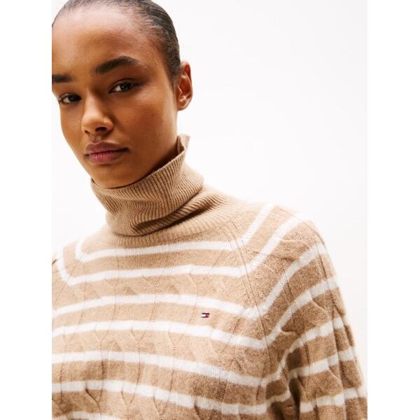 Γυναικείο Πουλόβερ Tommy Hilfiger Soft Wool Cable Roll-Nk Ls Swt Safari Canvas Htr/Ivory Petal Stp WW0WW46791-0AJ