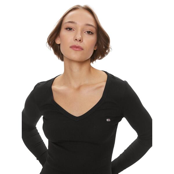 Γυναικεία Μπλούζα Tommy Jeans TJW Slim Essential Rib V Ls Black DW0DW17990-BDS