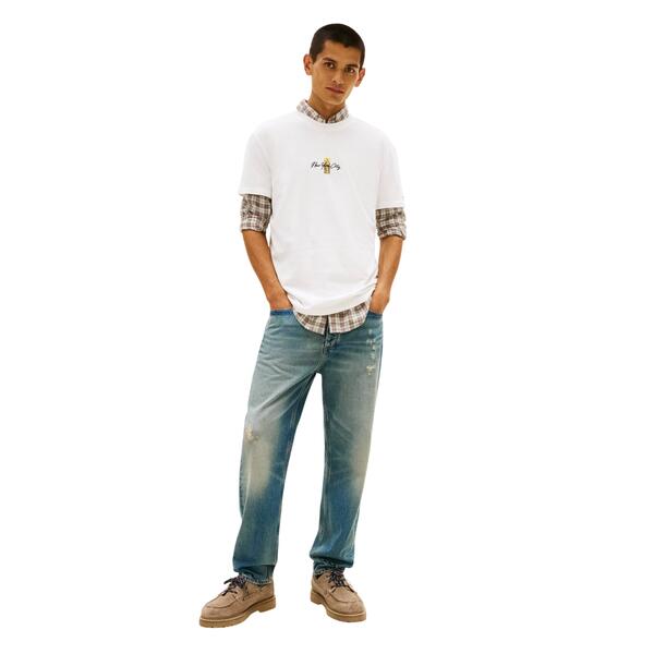 Ανδρικό T-Shirt Tommy Jeans Reg Sign Block Ss Tee Ext Ecru DM0DM22532-YBL