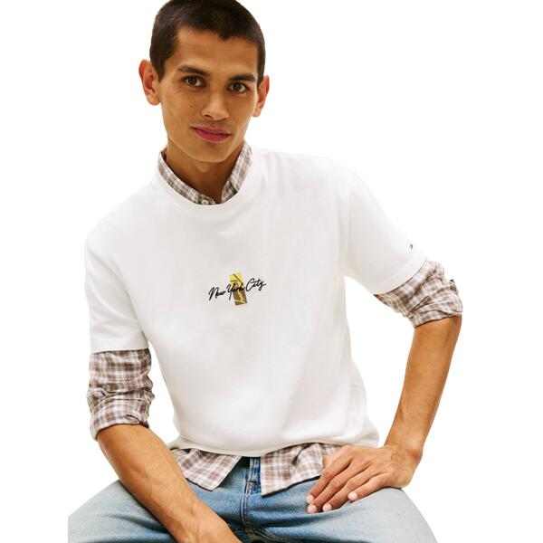 Ανδρικό T-Shirt Tommy Jeans Reg Sign Block Ss Tee Ext Ecru DM0DM22532-YBL