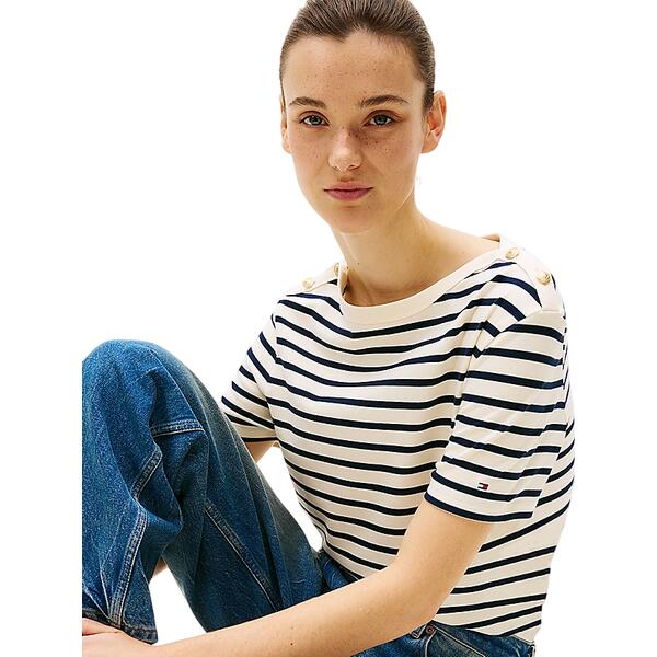 Γυναικείο T-shirt Tommy Hilfiger Reg Stripe Gold Btn C Nk Ss Calico Dark Night Navy Stp WW0WW42907-0FC