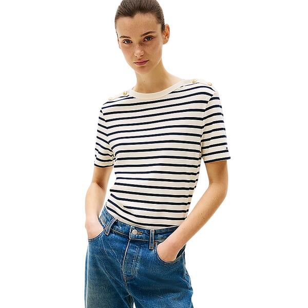 Γυναικείο T-shirt Tommy Hilfiger Reg Stripe Gold Btn C Nk Ss Calico Dark Night Navy Stp WW0WW42907-0FC