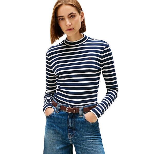 Γυναικεία Μπλούζα Tommy Hilfiger Slim Cody Mock-Nk Ls Dark Night Navy/ Ecru Stp WW0WW47307-0X4