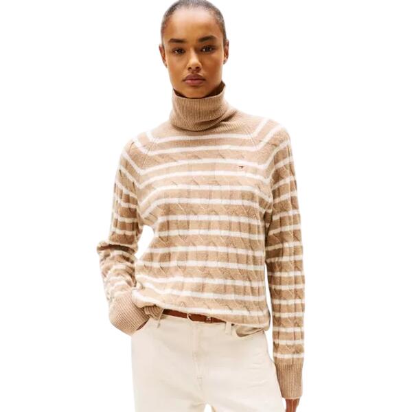 Γυναικείο Πουλόβερ Tommy Hilfiger Soft Wool Cable Roll-Nk Ls Swt Safari Canvas Htr/Ivory Petal Stp WW0WW46791-0AJ